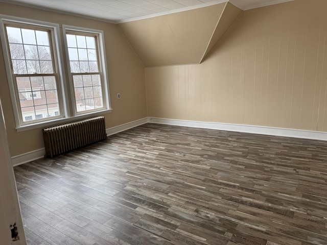 additional living space featuring dark hardwood / wood-style flooring, radiator heating unit, and vaulted ceiling