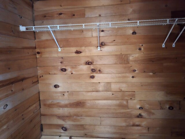 clothes washing area with wooden walls