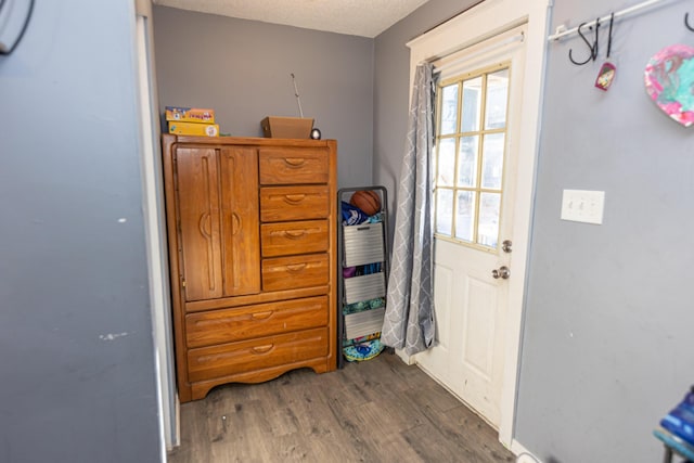 entryway with dark hardwood / wood-style flooring and a textured ceiling