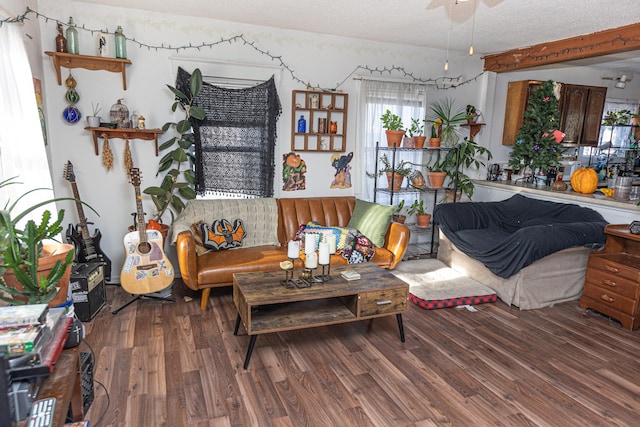 living room with hardwood / wood-style floors, ceiling fan, and a textured ceiling