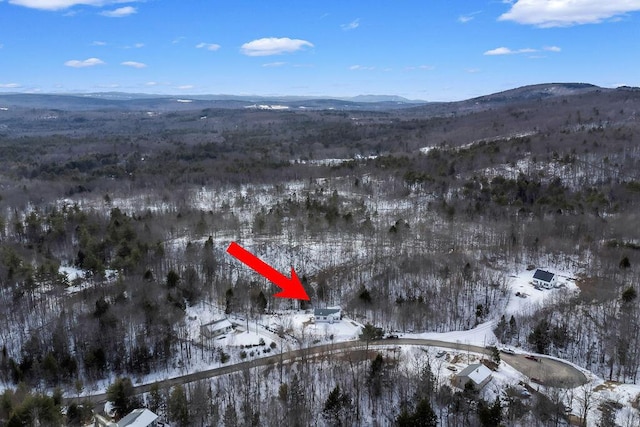 snowy aerial view with a mountain view