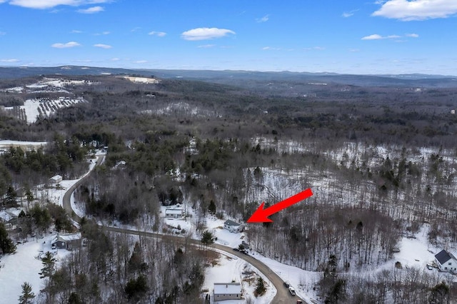 snowy aerial view with a mountain view