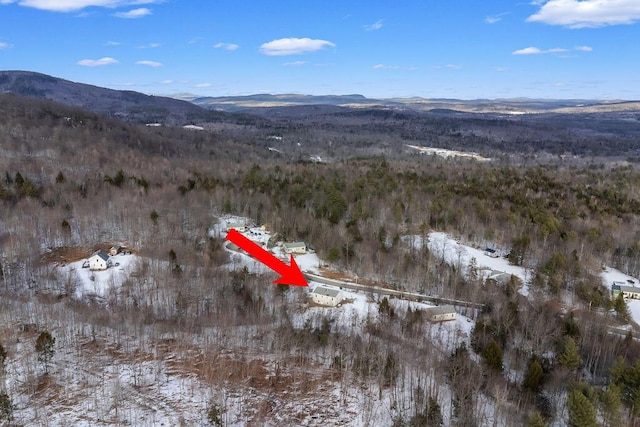 snowy aerial view with a mountain view