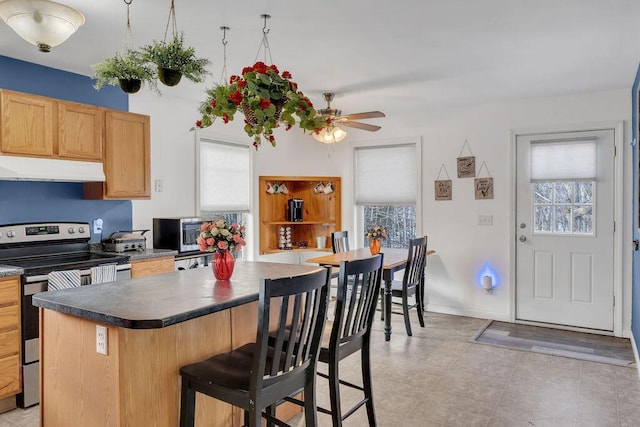 kitchen with stainless steel appliances, ceiling fan, and a breakfast bar