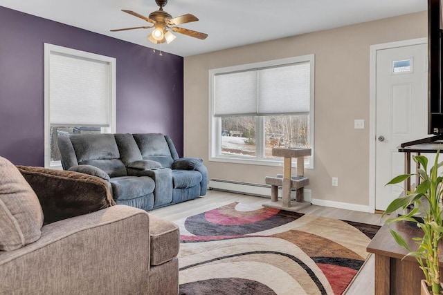 living room featuring a baseboard radiator, light wood-type flooring, and ceiling fan