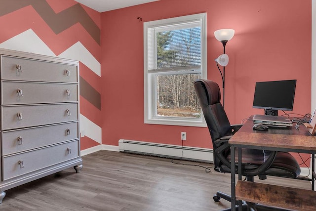 office space with a baseboard radiator and light hardwood / wood-style floors