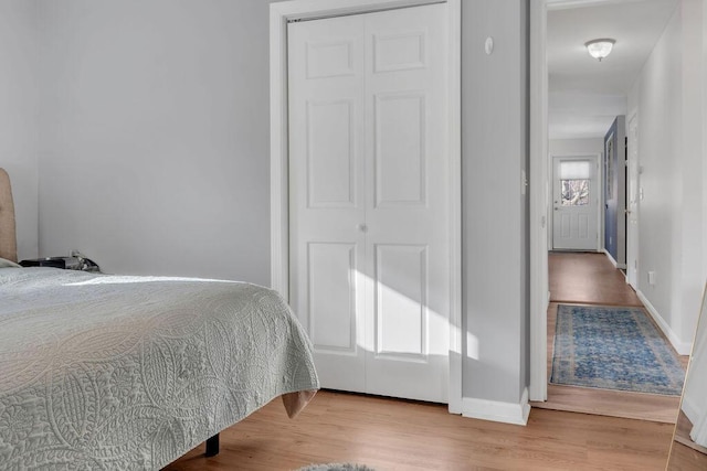 bedroom with a closet, multiple windows, and wood-type flooring