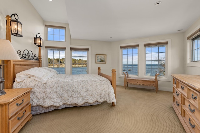 carpeted bedroom with a water view