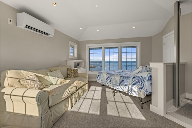 carpeted bedroom with a water view, a wall unit AC, and lofted ceiling