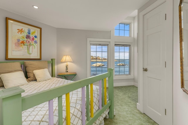 carpeted bedroom featuring a water view