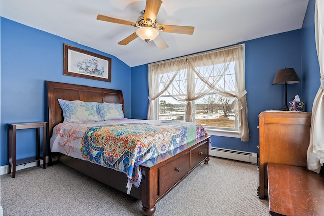 10 Seaside Ave, Saco, ME 04072 - bedroom with a baseboard radiator, carpet floors, vaulted ceiling, a ceiling fan, and baseboards