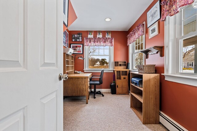 10 Seaside Ave, Saco, ME 04072 - office with a baseboard heating unit, carpet flooring, baseboards, and recessed lighting