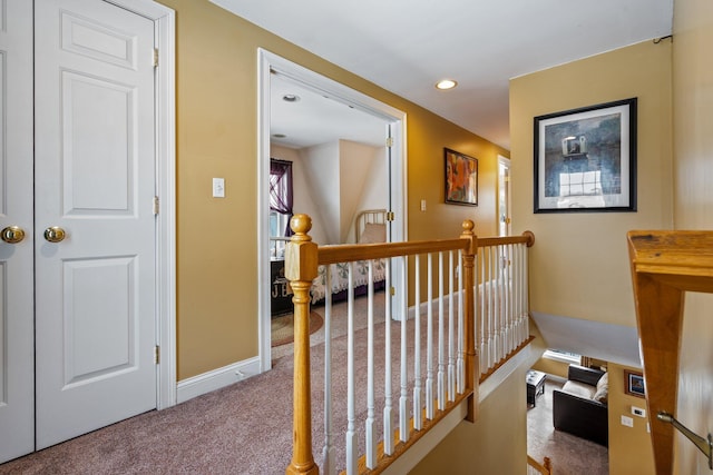 10 Seaside Ave, Saco, ME 04072 - hall featuring an upstairs landing, carpet, recessed lighting, and baseboards