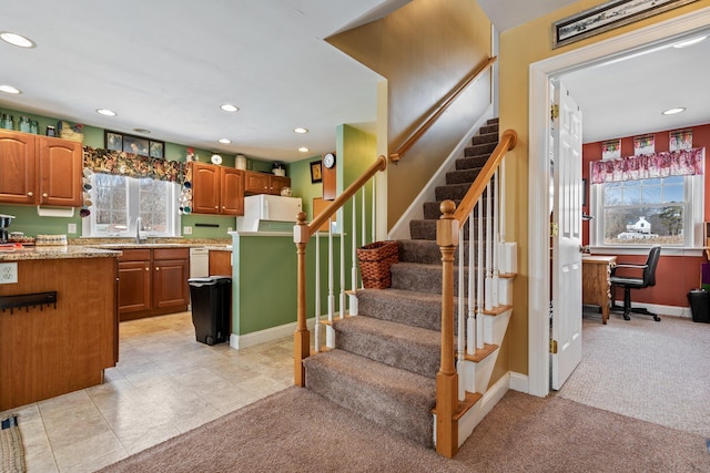 10 Seaside Ave, Saco, ME 04072 - kitchen with a sink, recessed lighting, white appliances, light colored carpet, and baseboards