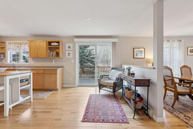 kitchen with light brown cabinets, light wood-type flooring, and sink