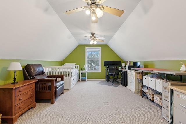 bedroom featuring light carpet and vaulted ceiling