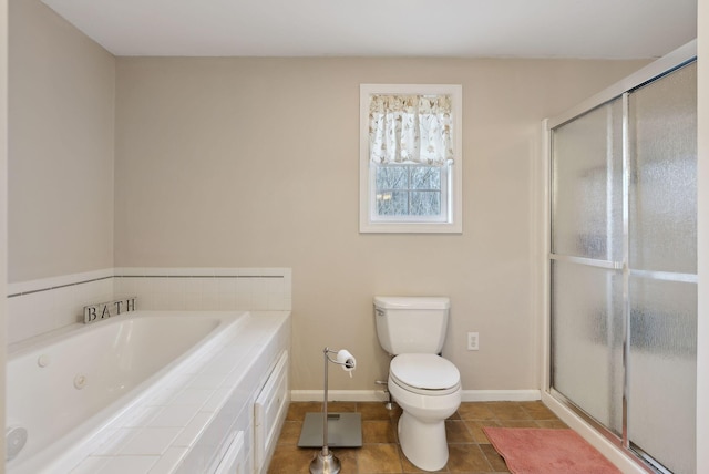 bathroom featuring tile patterned floors, toilet, and independent shower and bath