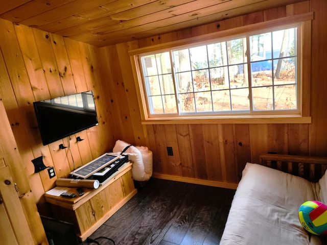 interior space with dark hardwood / wood-style flooring, multiple windows, wood walls, and wood ceiling