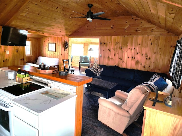 kitchen featuring wooden walls, ceiling fan, wood ceiling, and lofted ceiling