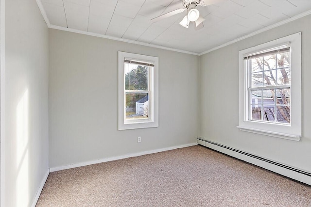 unfurnished room featuring ceiling fan, carpet, a baseboard radiator, and ornamental molding