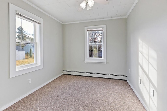 unfurnished room with a wealth of natural light, light colored carpet, and a baseboard radiator