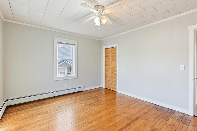 unfurnished room with a baseboard radiator, light hardwood / wood-style flooring, ceiling fan, and ornamental molding