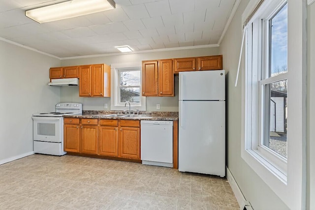 kitchen with sink, white appliances, and ornamental molding