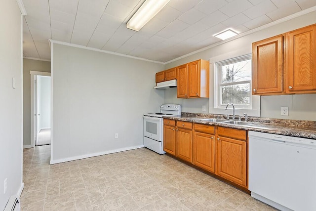 kitchen with white appliances, baseboard heating, crown molding, and sink