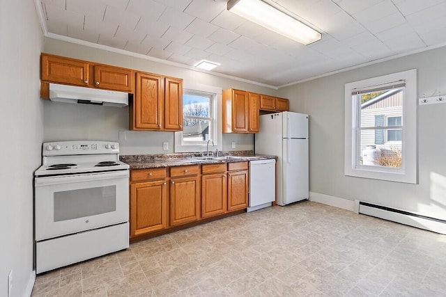 kitchen featuring sink, baseboard heating, crown molding, dark stone counters, and white appliances