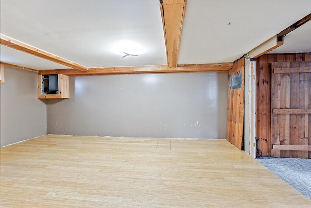 basement with wooden walls