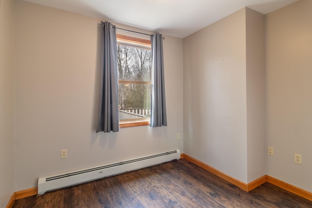 empty room with a baseboard heating unit and dark hardwood / wood-style floors