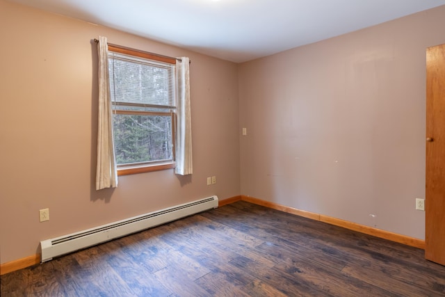 empty room with a baseboard heating unit and dark hardwood / wood-style floors