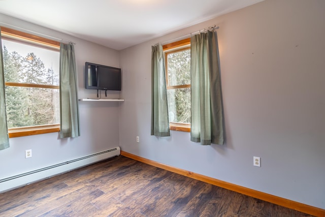 empty room with dark wood-type flooring and baseboard heating