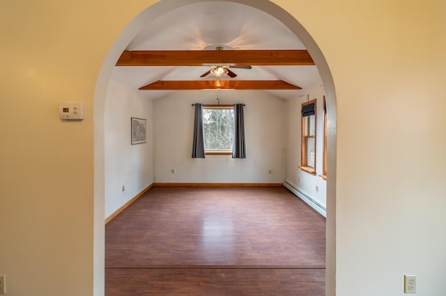 empty room with ceiling fan, vaulted ceiling with beams, hardwood / wood-style flooring, and a baseboard radiator