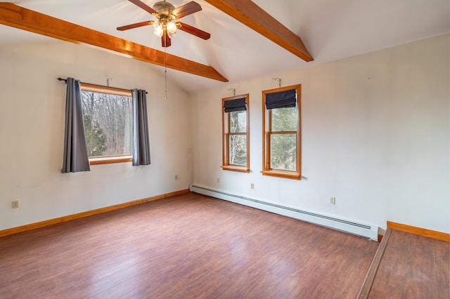 empty room with baseboard heating, ceiling fan, hardwood / wood-style flooring, and lofted ceiling with beams