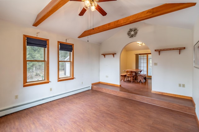 unfurnished room with ceiling fan, vaulted ceiling with beams, baseboard heating, and dark hardwood / wood-style floors