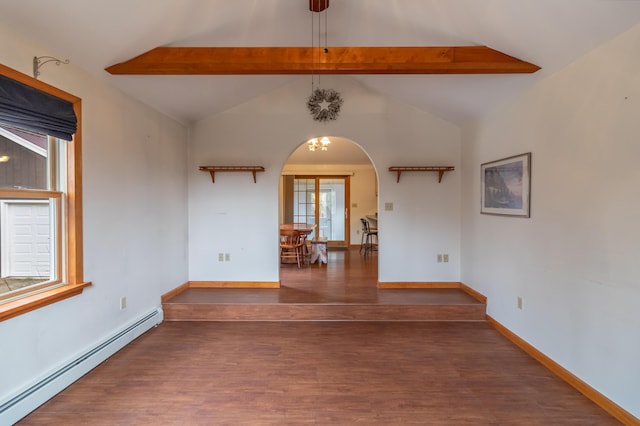 unfurnished room with dark wood-type flooring, baseboard heating, french doors, and lofted ceiling with beams