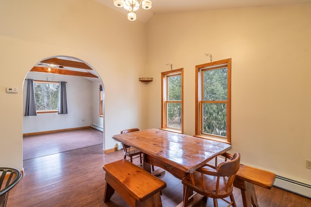 dining room with high vaulted ceiling, a baseboard heating unit, beamed ceiling, and wood-type flooring