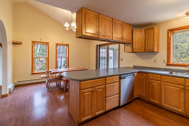 kitchen featuring kitchen peninsula, a notable chandelier, dishwasher, hanging light fixtures, and sink