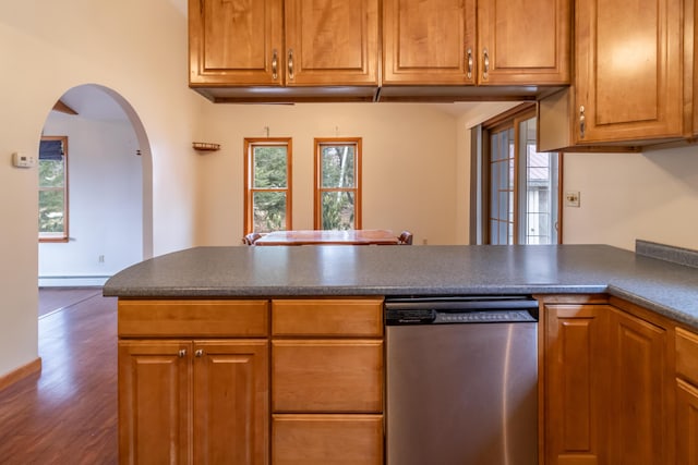 kitchen featuring stainless steel dishwasher, dark wood-type flooring, a wealth of natural light, and a baseboard radiator