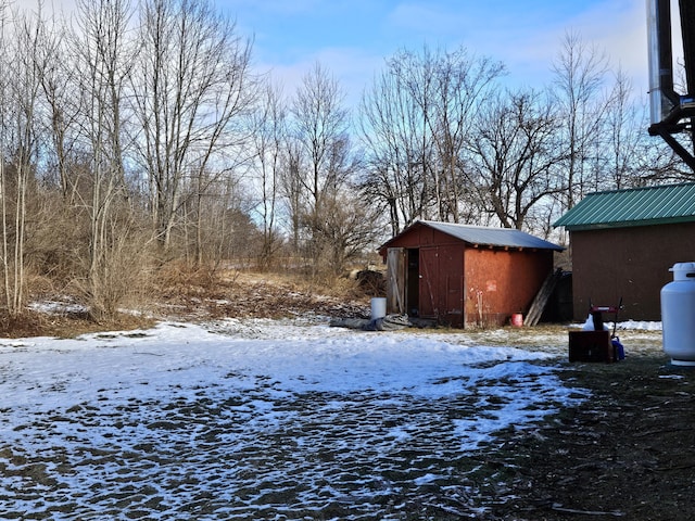 yard layered in snow featuring a shed