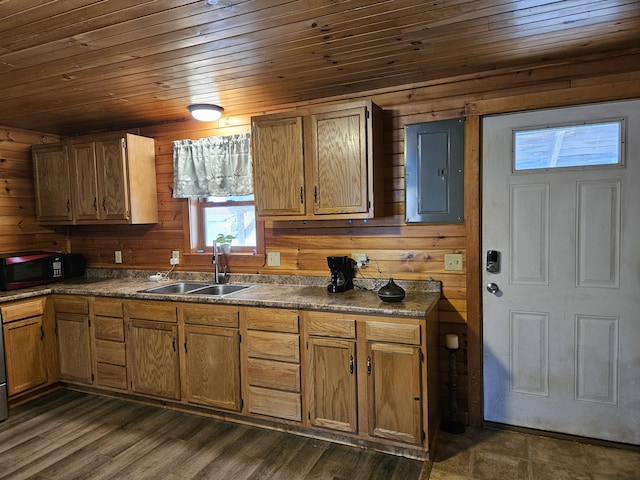 kitchen with dark hardwood / wood-style flooring, wood ceiling, wooden walls, sink, and electric panel