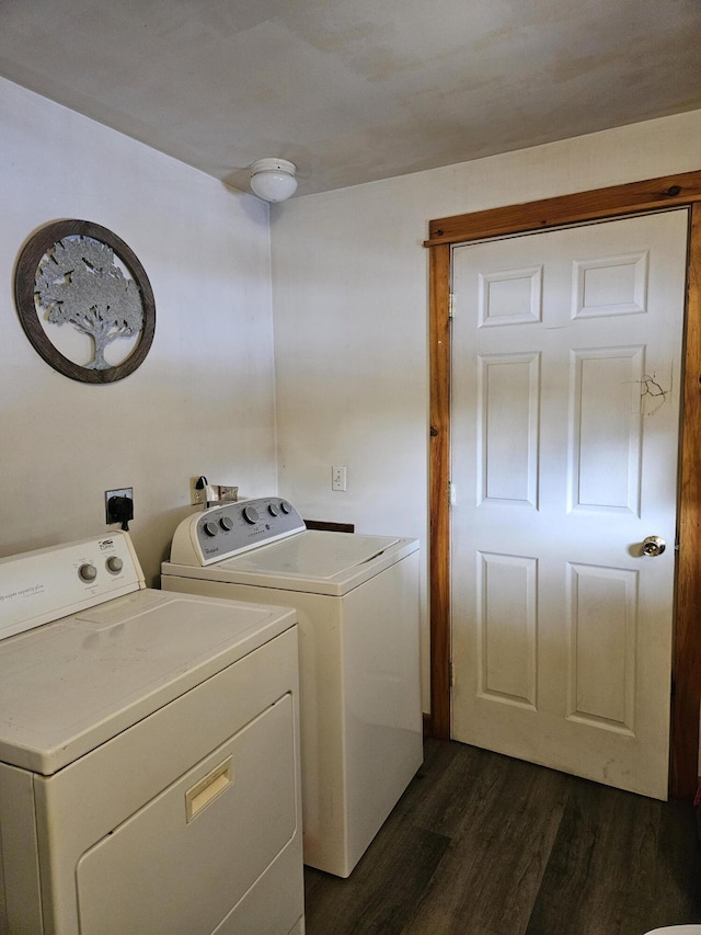 washroom with dark hardwood / wood-style flooring and washing machine and dryer