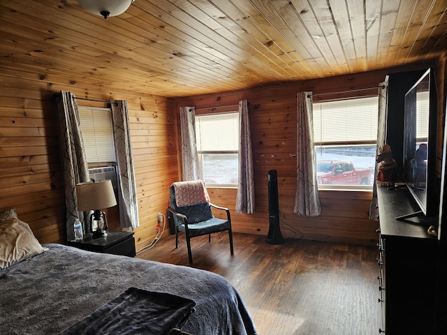 bedroom with dark hardwood / wood-style floors, cooling unit, wood walls, and wood ceiling