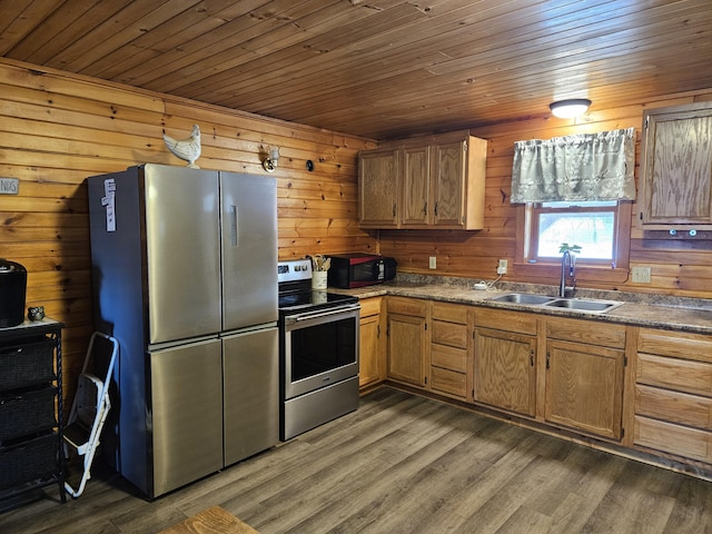 kitchen with wood walls, sink, appliances with stainless steel finishes, dark hardwood / wood-style flooring, and wood ceiling