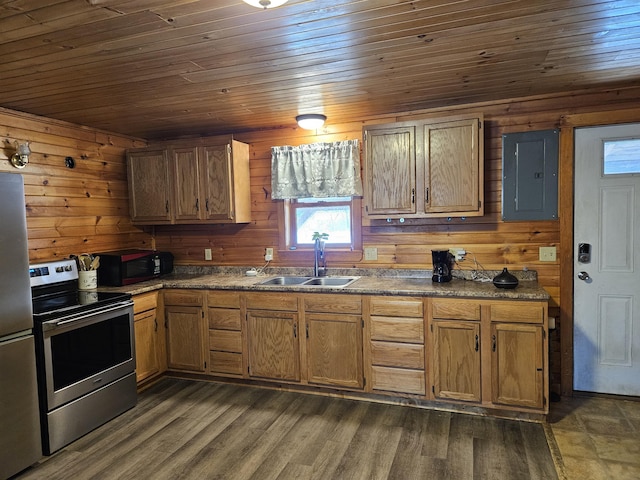 kitchen with sink, stainless steel appliances, dark hardwood / wood-style floors, electric panel, and wood ceiling