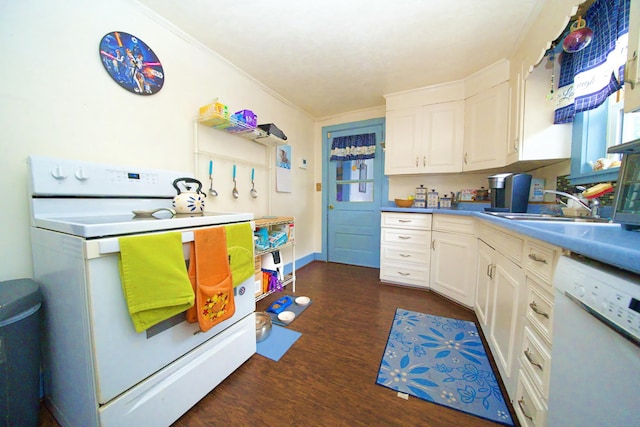 kitchen with sink, white cabinets, crown molding, dark wood-type flooring, and white appliances