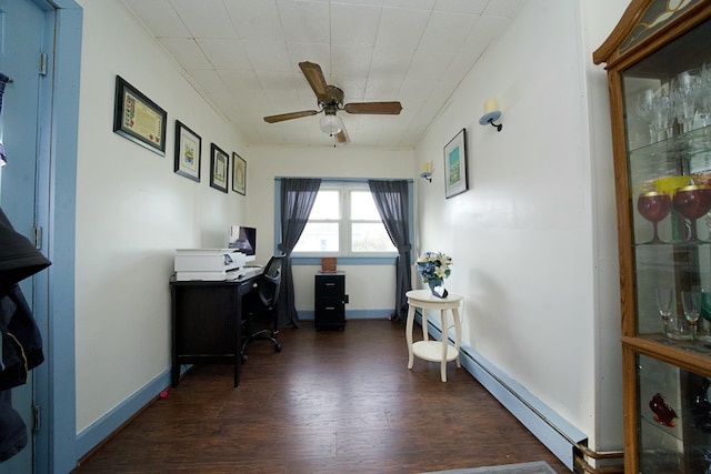 office area featuring ceiling fan, a baseboard heating unit, and dark hardwood / wood-style flooring