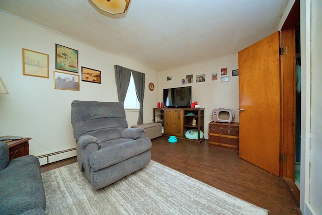 living area featuring a baseboard radiator and wood-type flooring