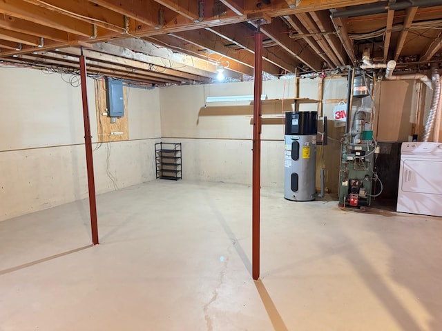 basement with washer / dryer, electric panel, and hybrid water heater